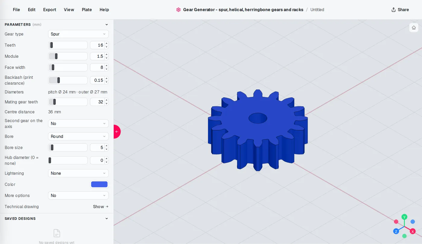 The Gear Generator editor: settings on the left, the model updates as you change them.