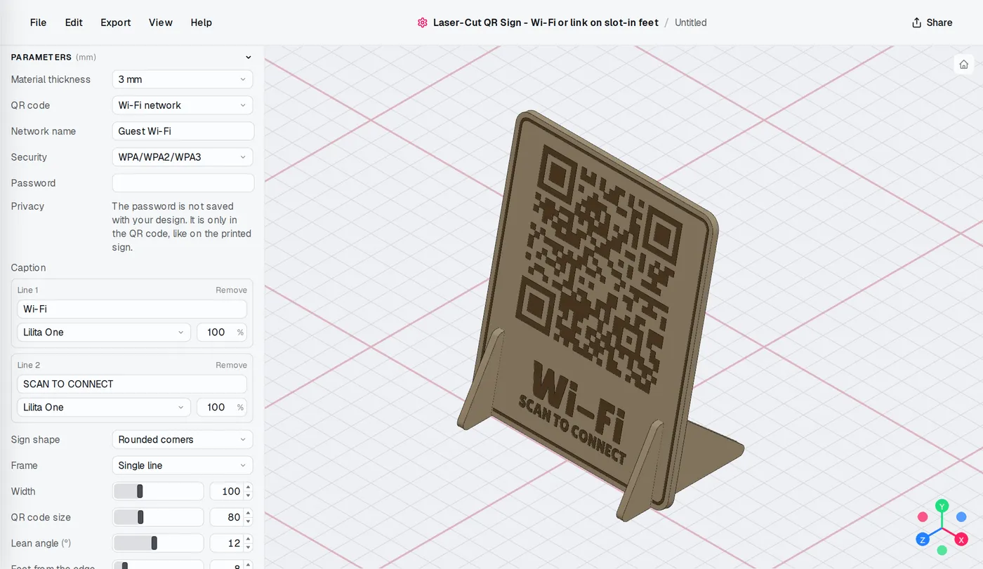 The Laser-Cut QR Sign editor: settings on the left, the model updates as you change them.