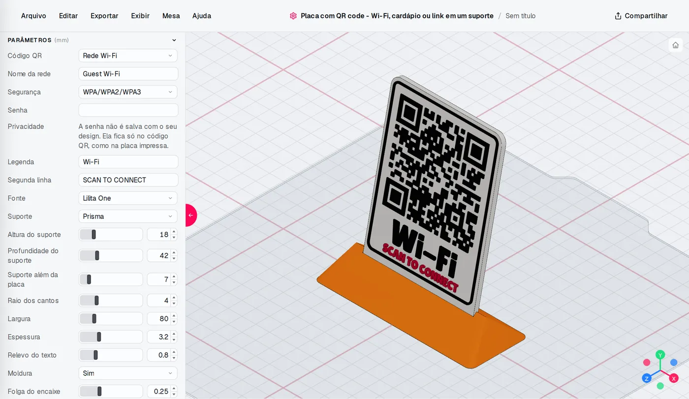 O editor de Placa com QR code: configurações à esquerda, o modelo muda a cada ajuste.