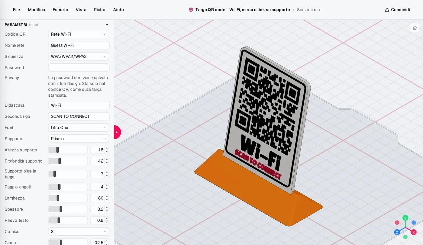 L'editor di Targa QR code: impostazioni a sinistra, il modello cambia a ogni modifica.