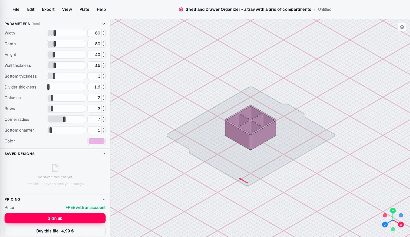 The Shelf and Drawer Organizer editor: settings on the left, the model updates as you change them.