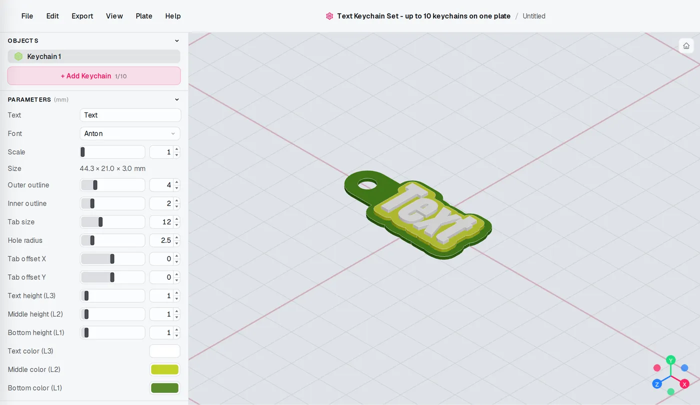 The Text Keychain Set editor: settings on the left, the model updates as you change them.