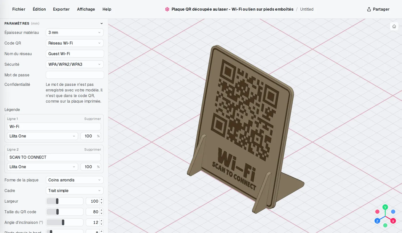 L'éditeur Plaque QR découpée au laser : les réglages à gauche, le modèle suit chaque changement.