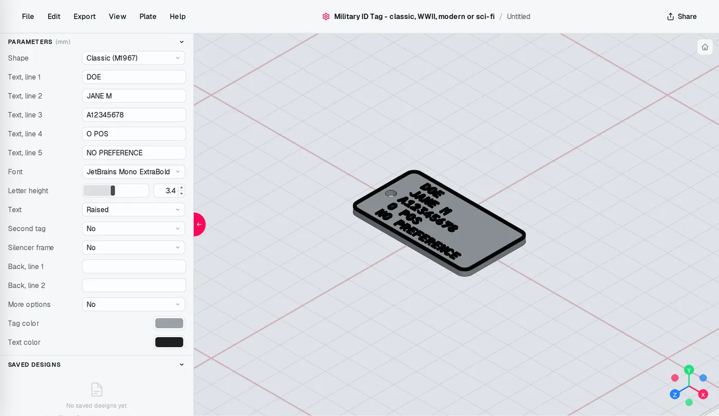 The Military ID Tag editor: settings on the left, the model updates as you change them.