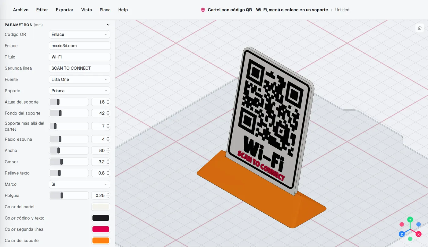El editor de Cartel con código QR: los ajustes a la izquierda, el modelo cambia al momento.
