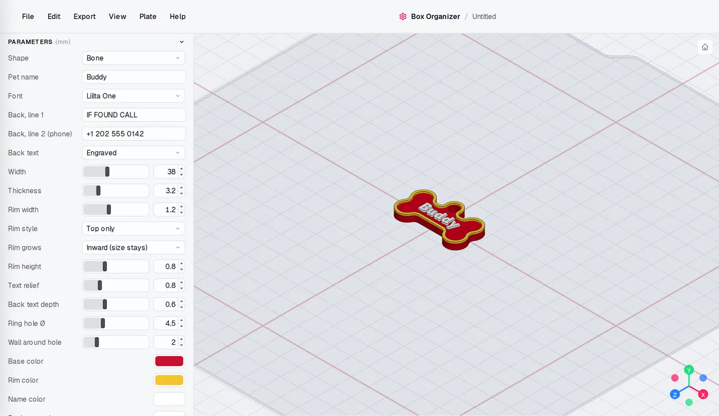 The Dog Tag editor: settings on the left, the model updates as you change them.