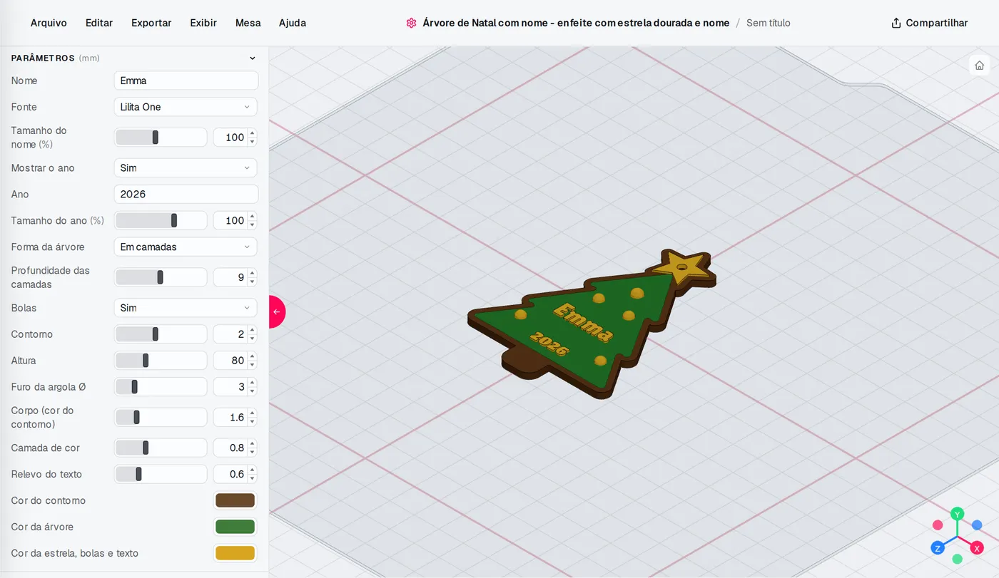 O editor de Árvore de Natal com nome: configurações à esquerda, o modelo muda a cada ajuste.