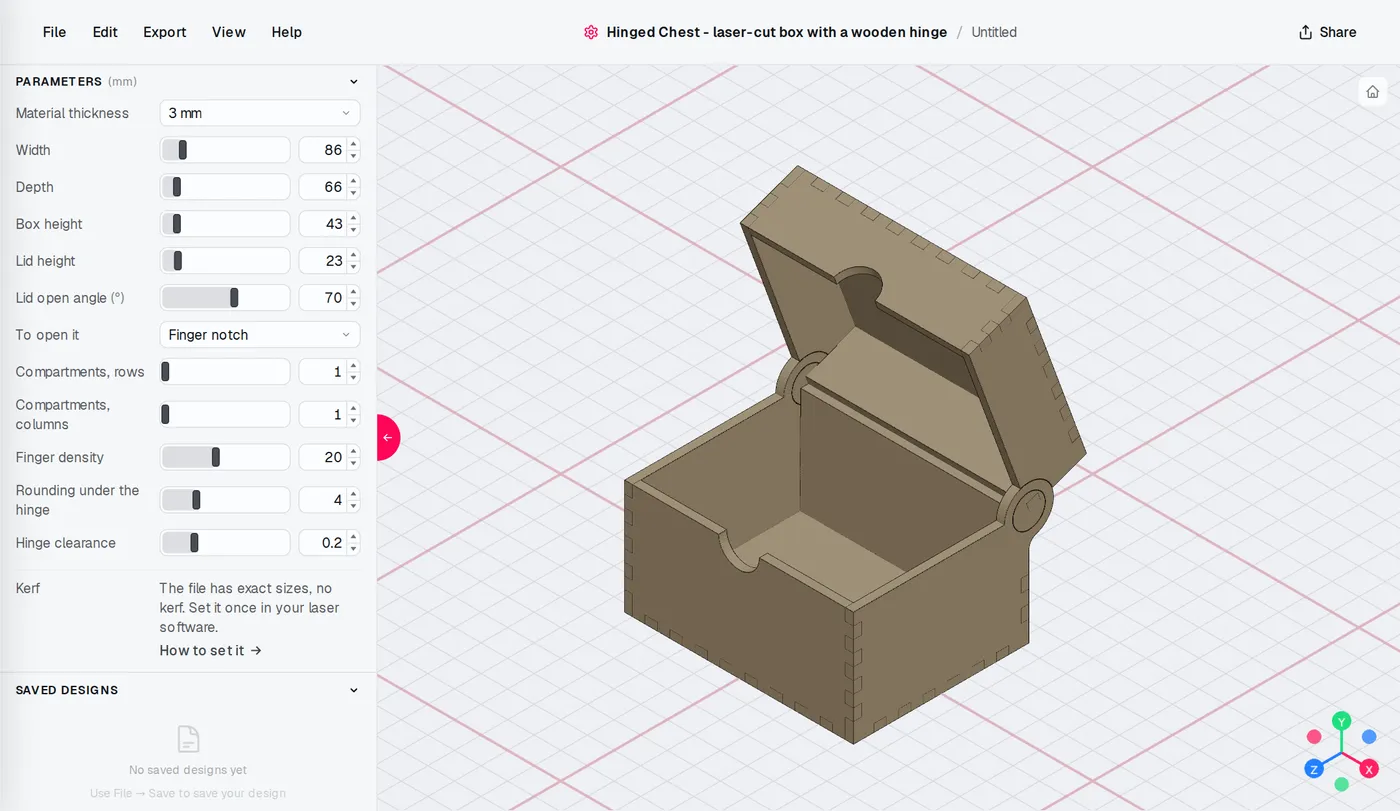 The Hinged Chest editor: settings on the left, the model updates as you change them.