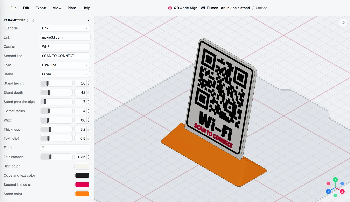 The QR Code Sign editor: settings on the left, the model updates as you change them.