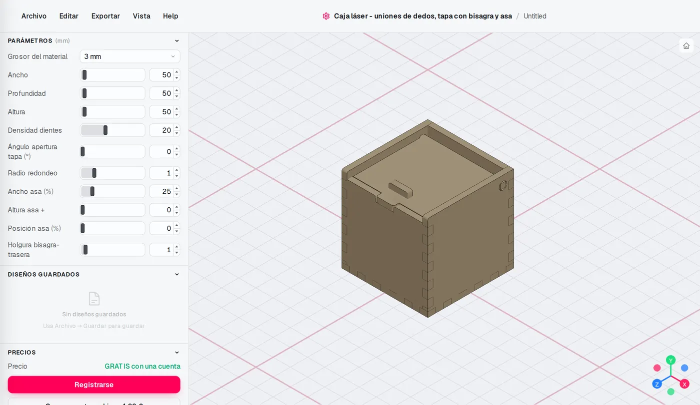 El editor de Caja láser: los ajustes a la izquierda, el modelo cambia al momento.