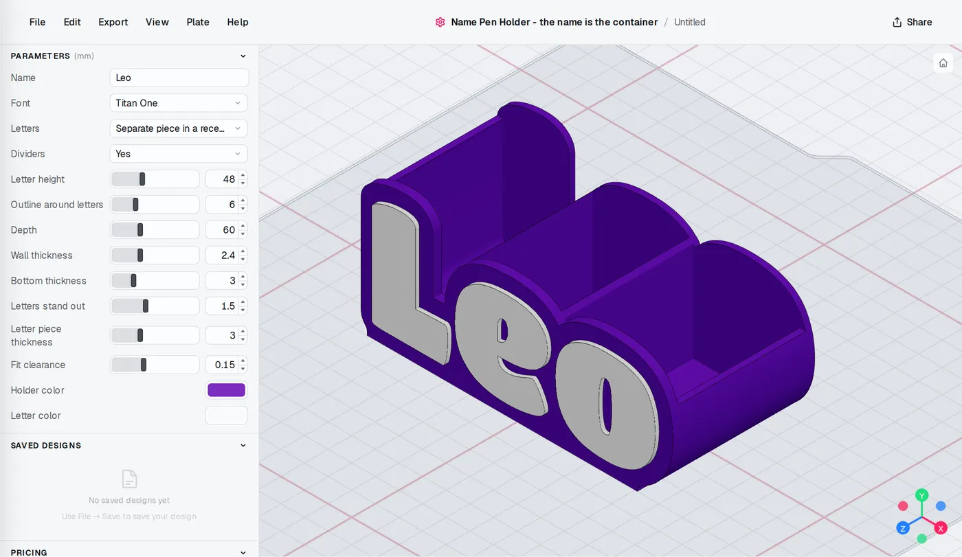 The Name Pen Holder editor: settings on the left, the model updates as you change them.