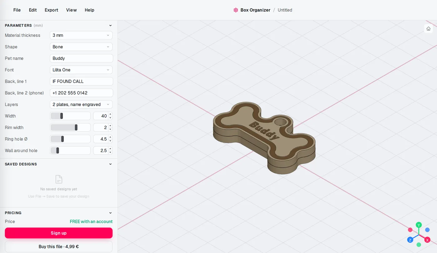 The Laser-Cut Dog Tag editor: settings on the left, the model updates as you change them.