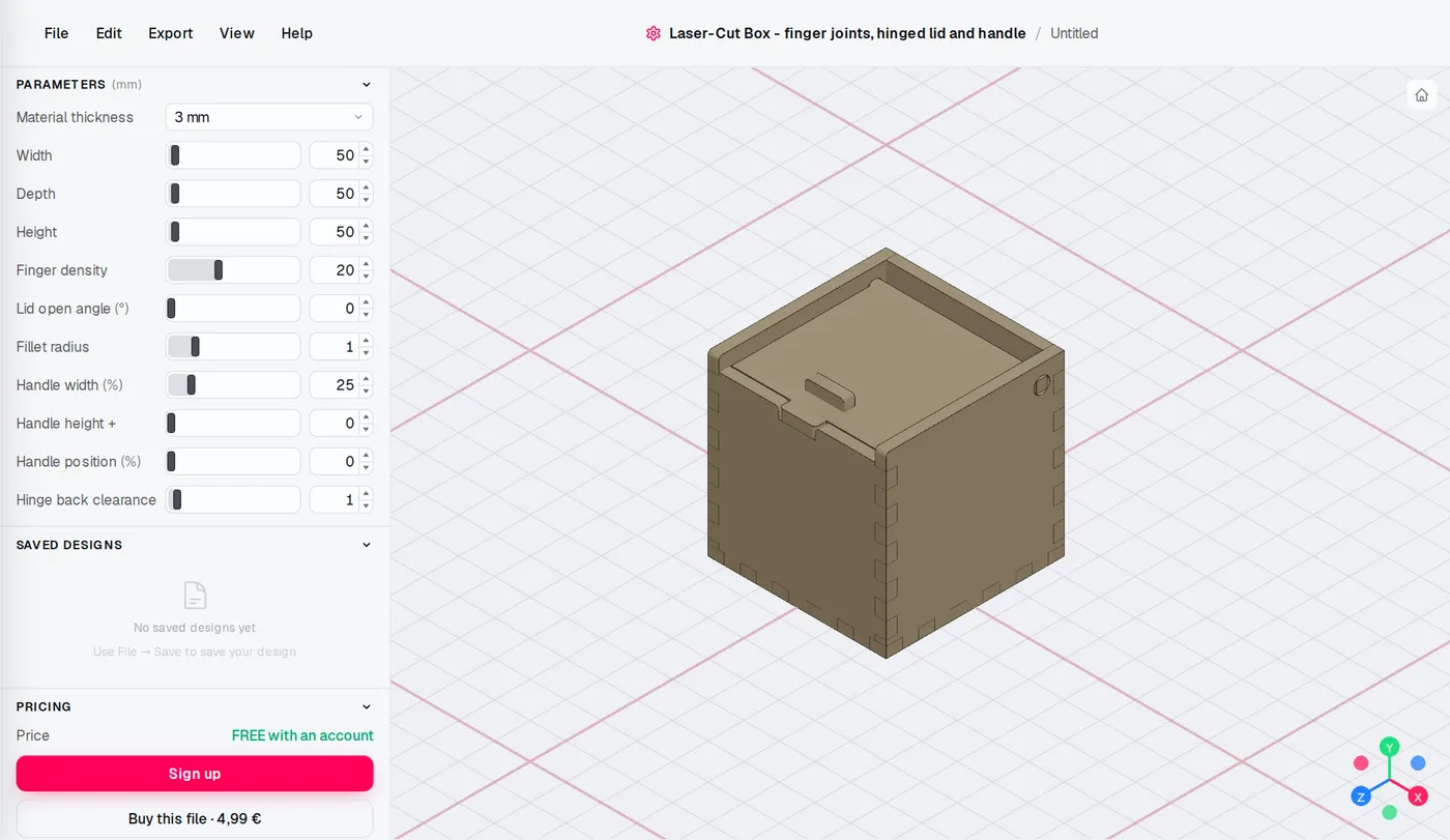 The Laser-Cut Box editor: settings on the left, the model updates as you change them.