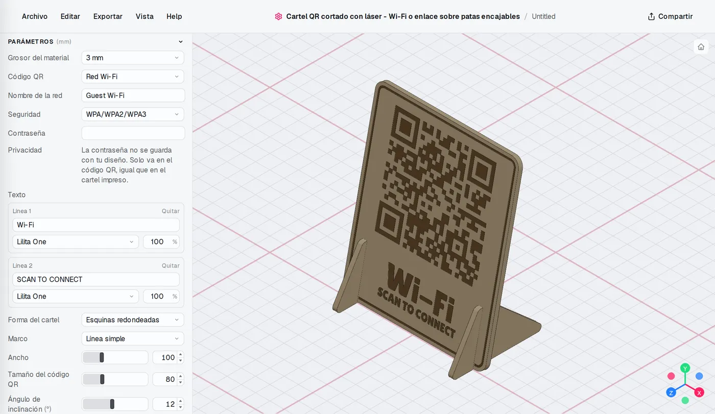 El editor de Cartel QR cortado con láser: los ajustes a la izquierda, el modelo cambia al momento.
