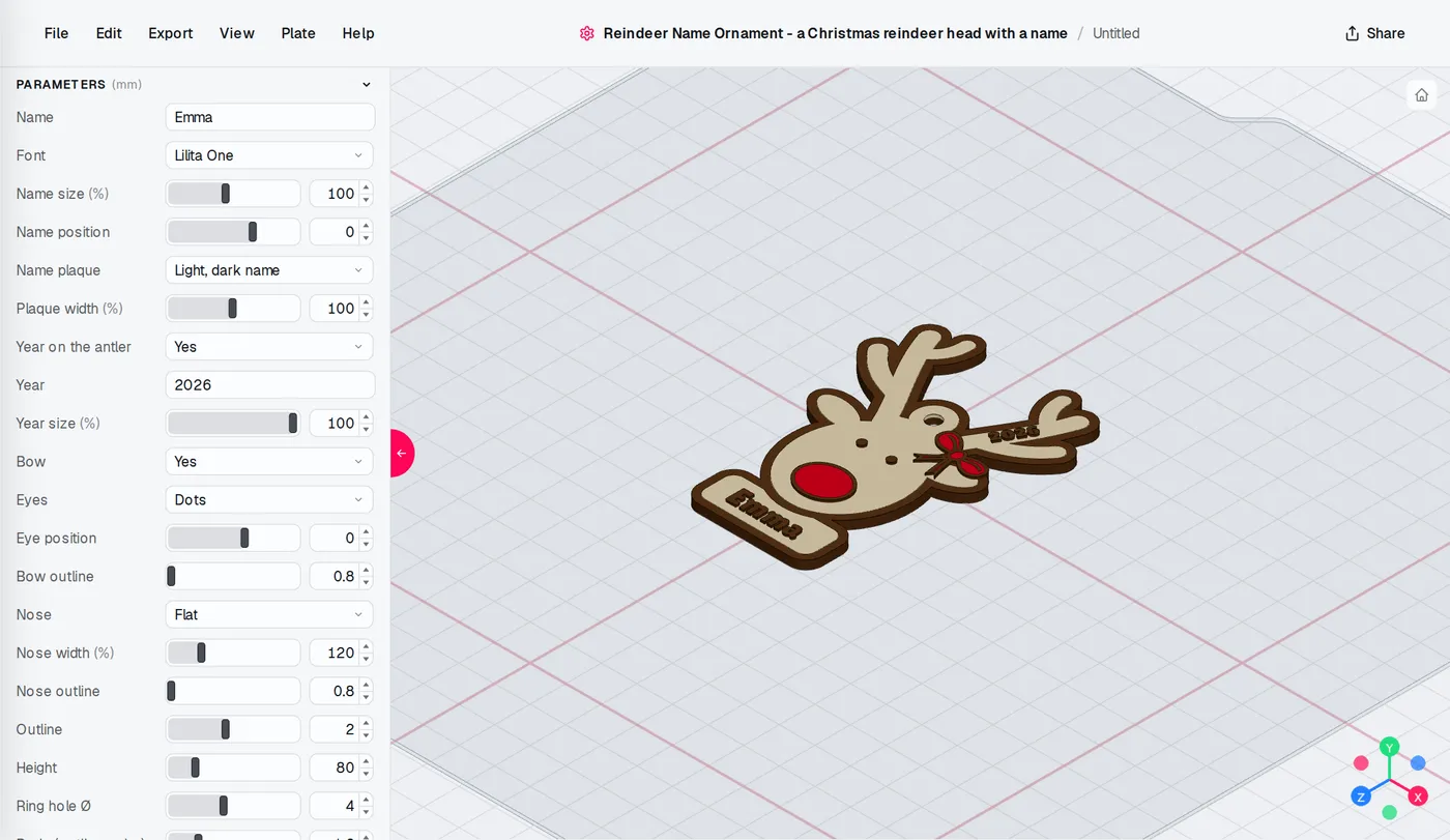 The Reindeer Name Ornament editor: settings on the left, the model updates as you change them.