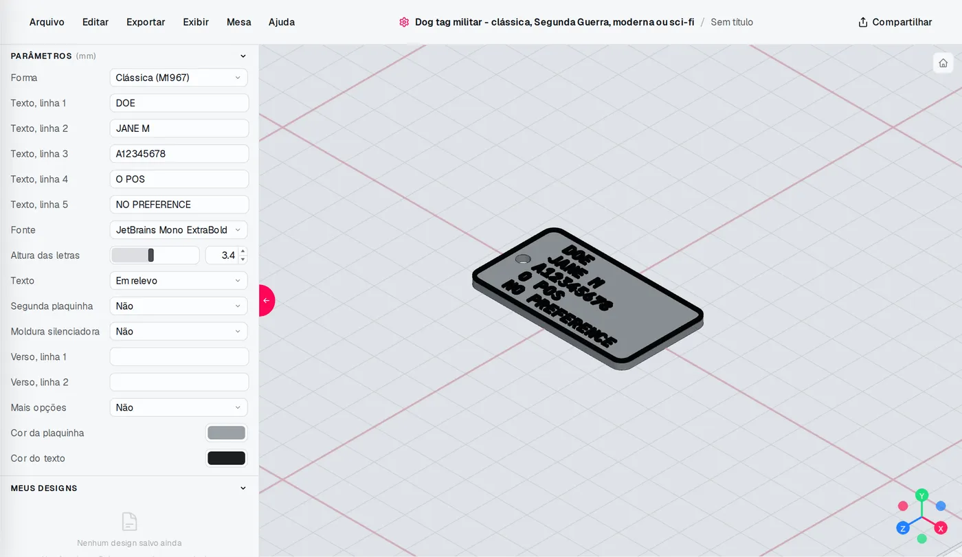 O editor de Dog tag militar: configurações à esquerda, o modelo muda a cada ajuste.