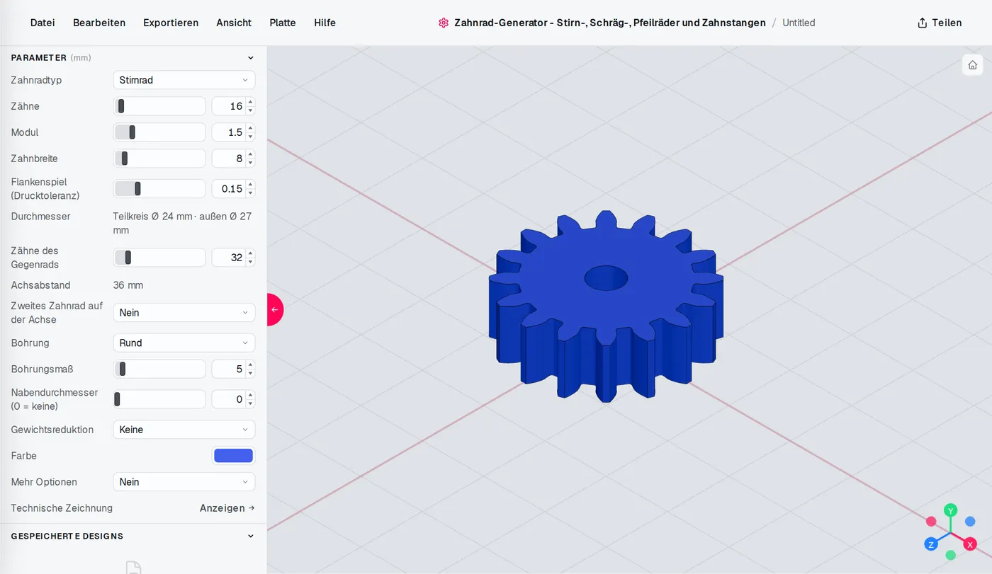 Der Editor für Zahnrad-Generator: links die Einstellungen, das Modell ändert sich sofort mit.
